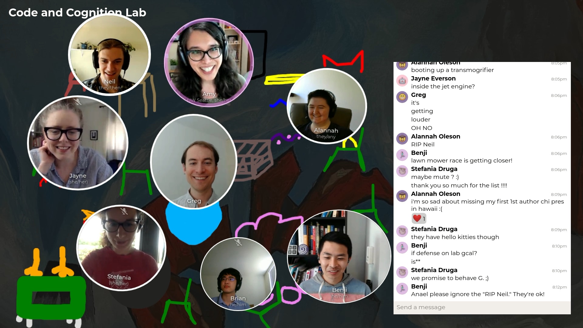 A screenshot of an Ohyay room showing several circular video feeds of student faces, several doodles, and a chat full of banter.