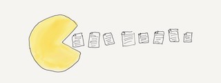 An illustration of Pac Man eating a series of research papers.