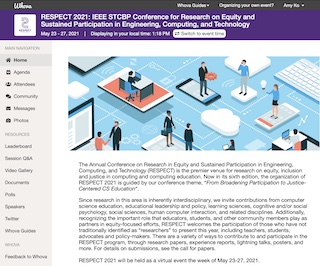 A screenshot of the RESPECT Whova landing page, showing navigation and overview text.
