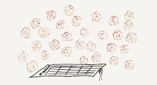 Many fuzzy coronaviruses falling upon a calendar laying flat, with me hanging on the edge of the calendar trying to escape.