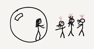 A woman in a bubble, staring out at three angry men yelling at her.