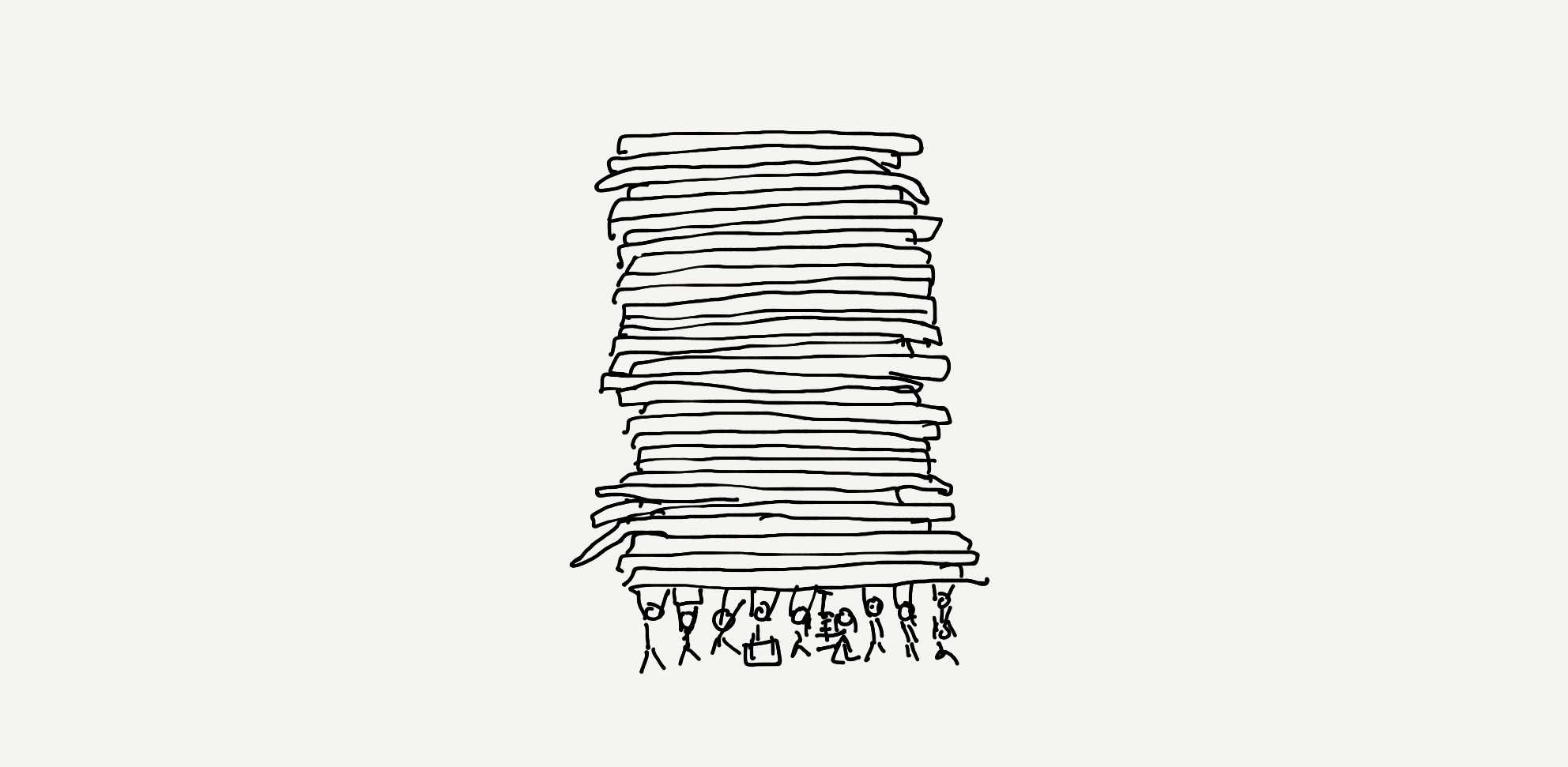 A very tall stack of documents, hoisted by a group of 10 very small stick figures, each using a different strategy to keep the stack lifted. Some use their strength, some use tools, some use a stool, some help others be tall enough.