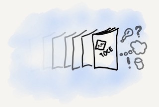A succession of printed journal issues, fading grey to the left, with a light bulb, question mark, thought bubble, database, and exclamation point leaping out on the right.