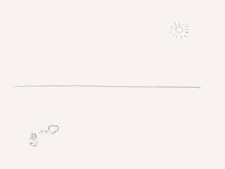 A pencil illustration, with a small cross-legged woman at the bottom left staring at a horizon, with a thought bubble, and a gentle sun in the top right, hovering above. The canvas is otherwise blank.