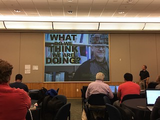 A photograph of Alan Blackwell's keynote slide, showing his head exploding.