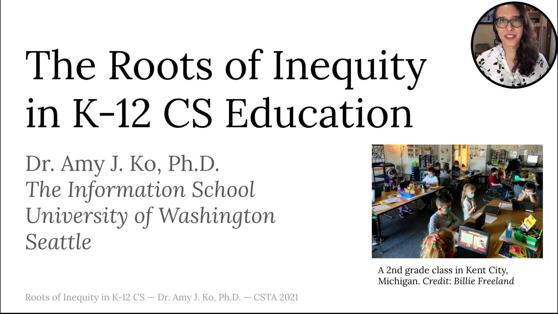 The title slide, which says 'The Roots of Inequity in K-12 CS Education' and shows an elementary CS classroom.