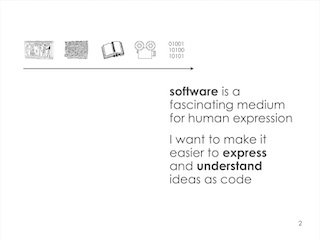 The second slide of the talk, which says that software is a fasciating medium for expression