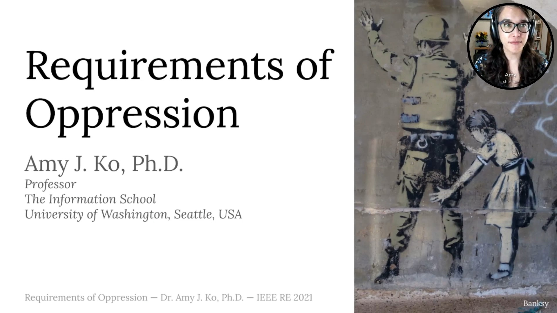The title slide, which says 'Requirements of Oppression' and shows a Banksy piece with a small girl strip searching a soldier.