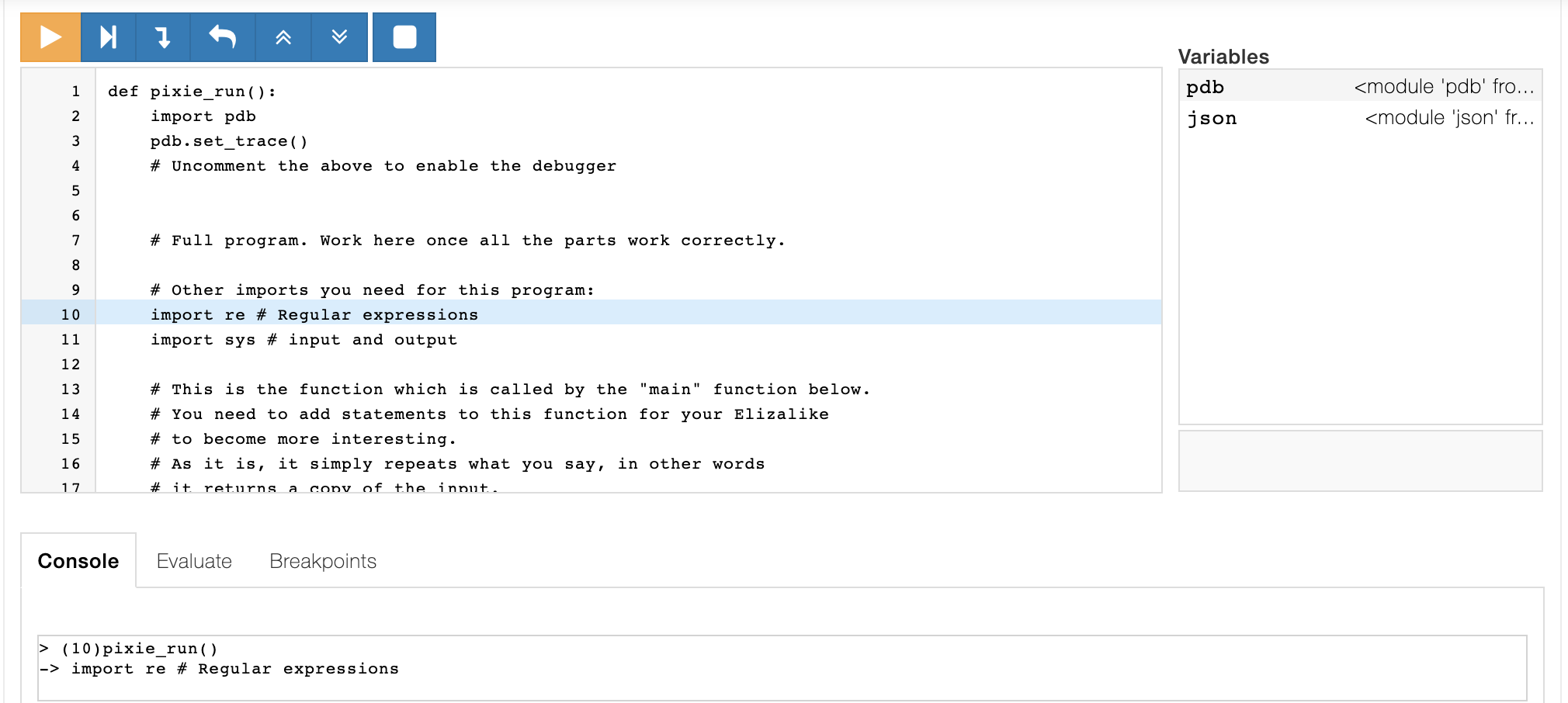 Executing code under the visual debugger