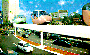 [Skycar guideway
and vehicles}