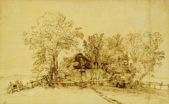 Rembrandt's Cottage Among Trees