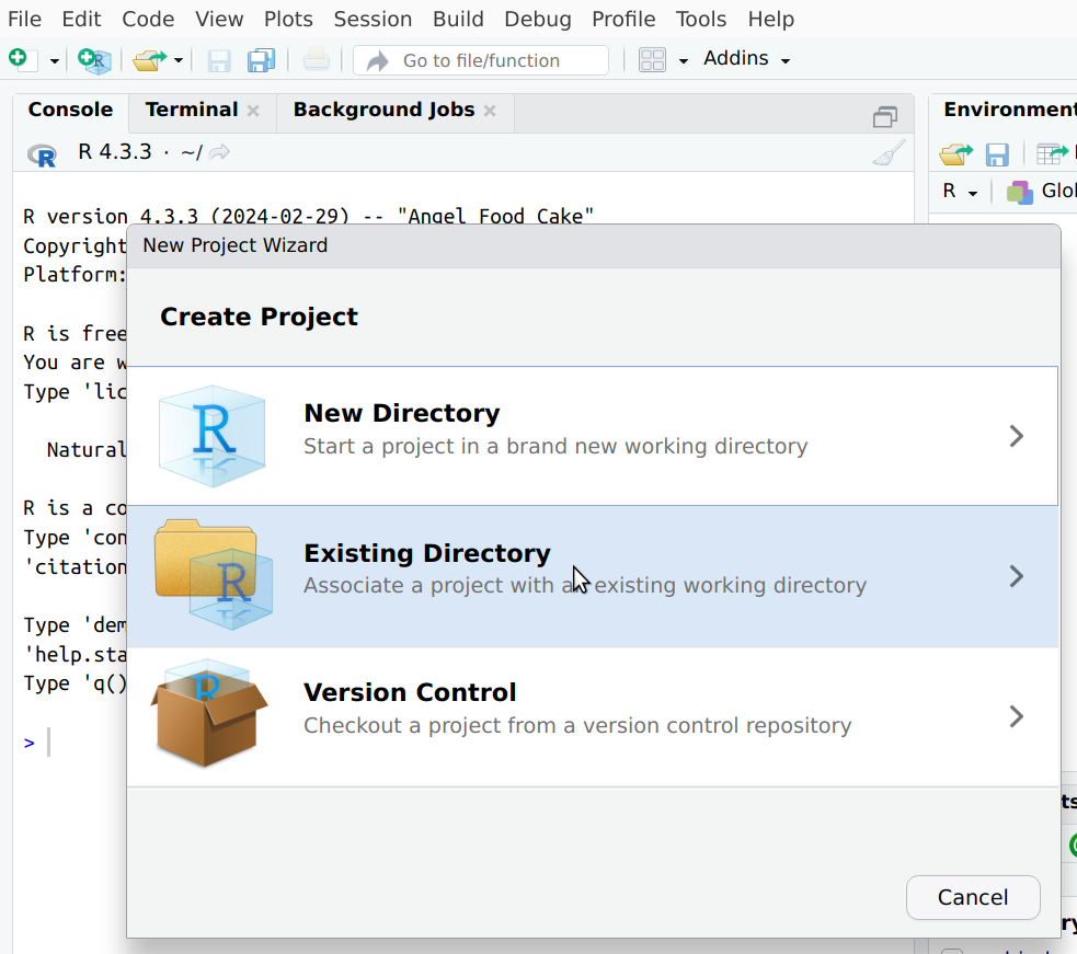 RStudio menu to create project in an existing folder
