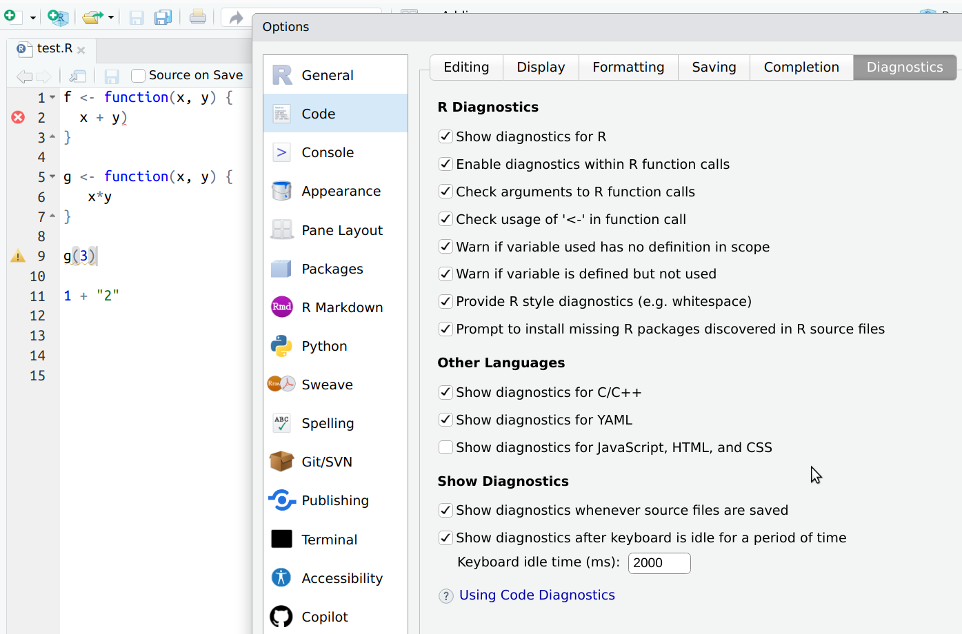 RStudio can show lines with syntax error and wrong arguments