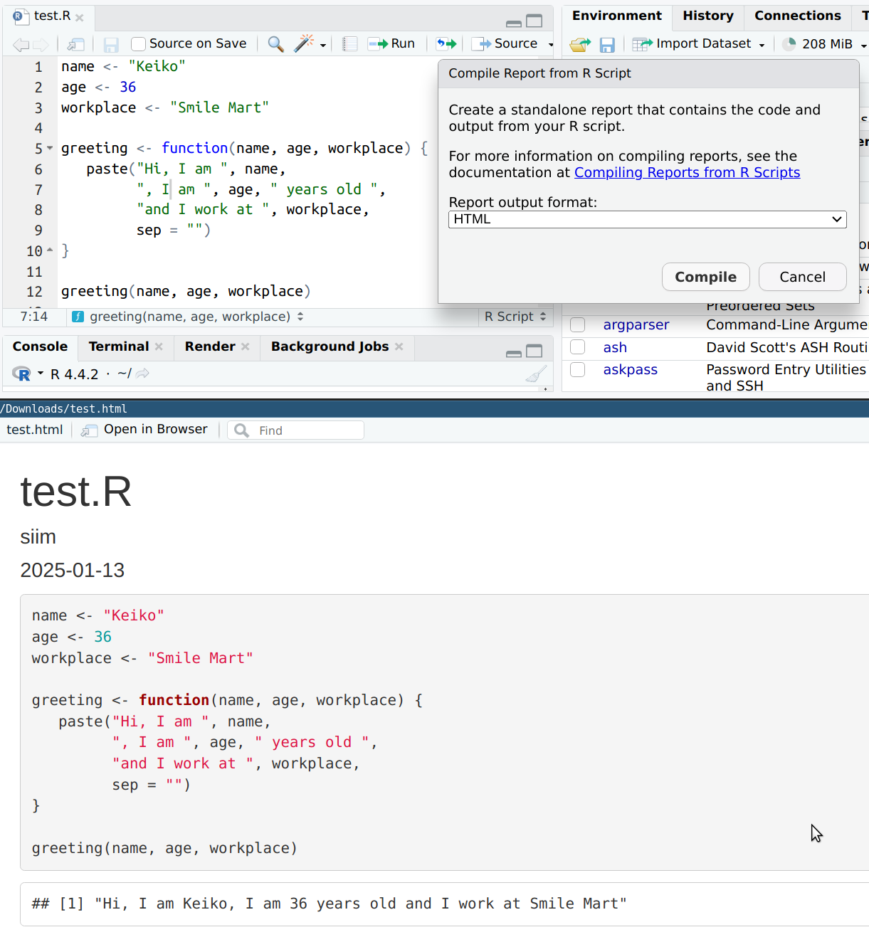 Code, compiled report, and the format prompt in rstudio