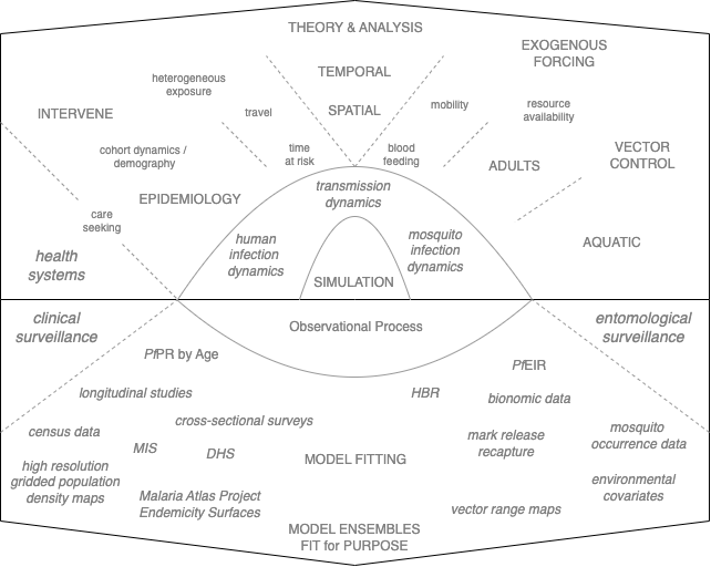 A schematic diagram of the elements in the framework (top half) and the process of model building and model fitting (bottom half)